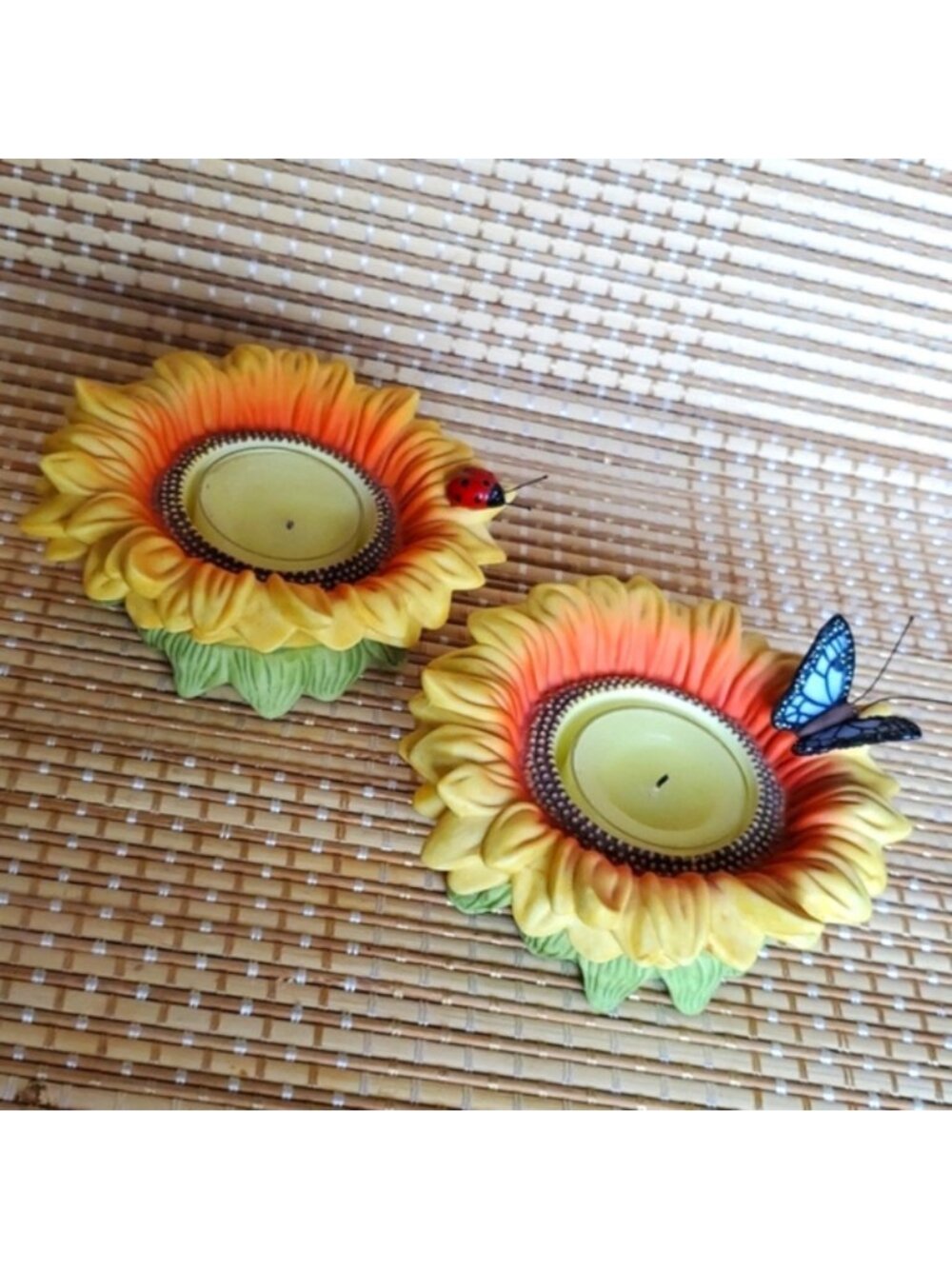 Vintage PartyLite Tealight Holders Set of 2 - Butterfly & Ladybug on Sunflowers